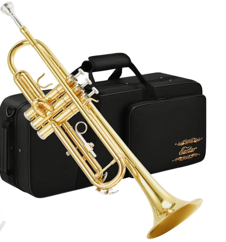 Brass Student Trumpet Instrument with Hard Case, Cleaning Kit, 7C Mouthpiece and Gloves, ETR-380, Golden image 1
