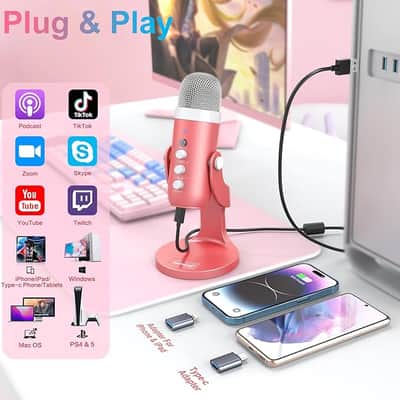 Gaming USB Pink Microphone with Quick Mute for Phone Computer PC PS5,Studio Mic with Gain Control,Echo&Monitor Volume Adjust for Streaming Vocal Recording ASMR Podcast Video K66 image 2