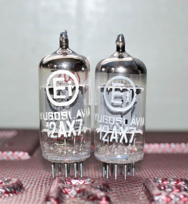 EI 12AX7 YUGOSLAVIA ECC83 TIGHT MATCH PAIR W/ TELEFUNKEN SMOOTH PLATES HALO GETR TEST NOS VINTAGE 1990'S image 1