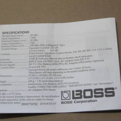 Boss original INSTRUCTIONS for GE-7, CS-3, and NS-2 (NO pedals, NO boxes, NO other items) 2010s (copyright years, 2010, 2015, and 2016) - white matte paper - black print, black graphic image 11