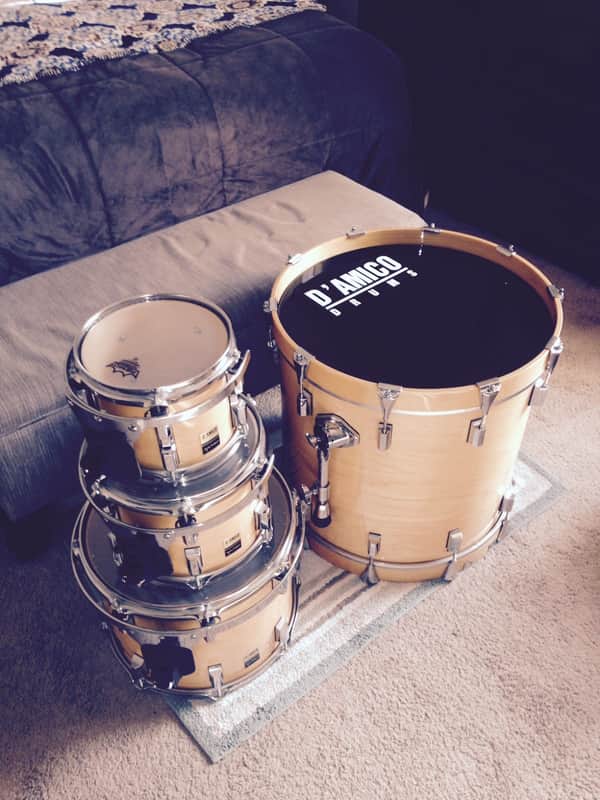1990s D'Amico 4pc Custom Solid Maple Drum Kit Clear Natural Finish image 1