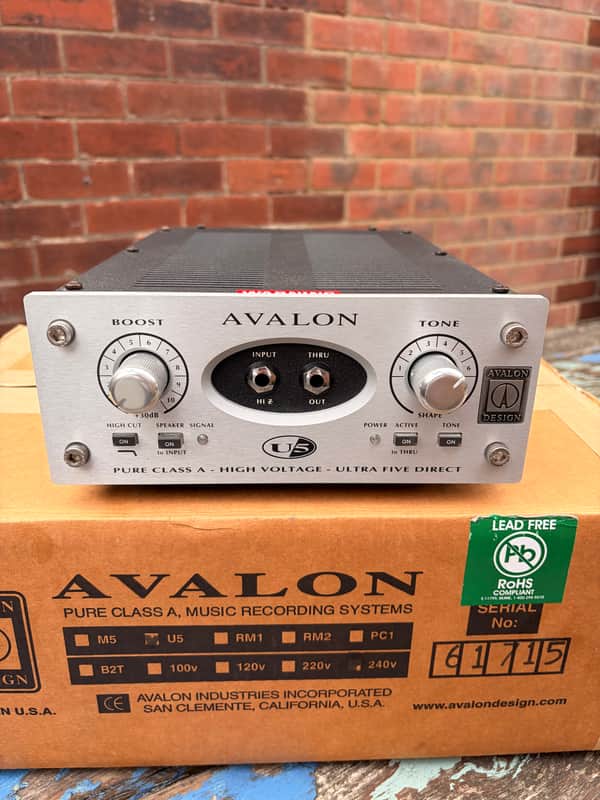Silver Avalon guitar effects pedal with knobs and switches.