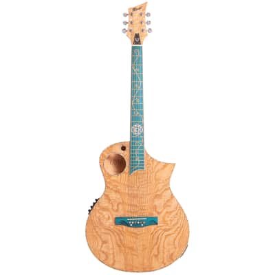 Lindo Earth Slim Body Electro Acoustic Guitar | Figured Tamo Ash and Flatsawn Zebrano | BS3M Blend Preamp/Tuner with Dual Jack/XLR Output | Solid Maple Teal Fretboard and Bridge (Nylon Strings) image 2
