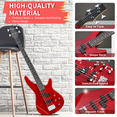 Electric Bass Guitar 4-String 44-Inch for Beginners with 20W Amplifier – Transparent Dark Red image 1