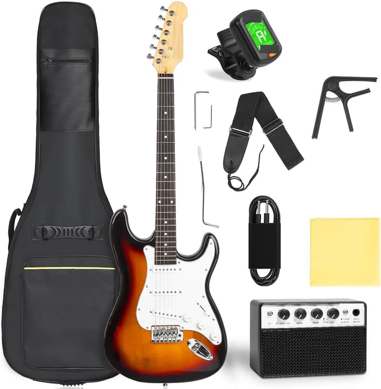 Electric Guitar Beginner Kit, Solid Body 39" Full Size Electric Guitar SSS Pick Up for Starter, with 5W x 2 Amp, Bag, Digital Tuner, Capo, Strap, String,Cable, Picks image 1