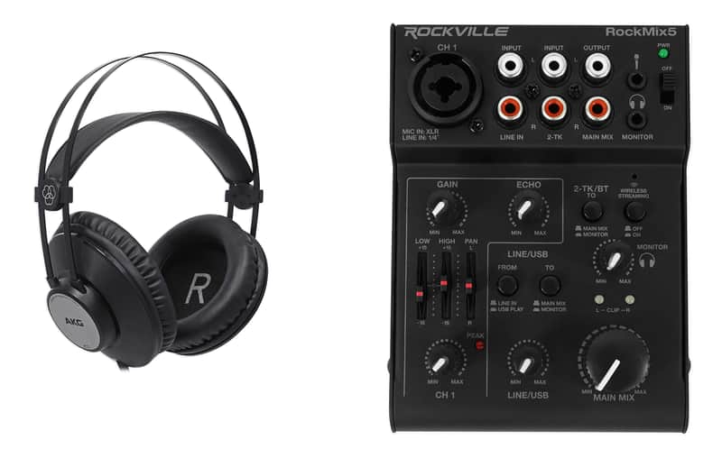Rockville RockMix 5 Ch Mixer w/USB Interface, Bluetooth, Echo, EQ+AKG Headphones image 1