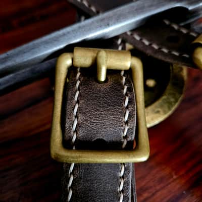 Hand Made, Hand Stitched Guitar strap "Rockatansky" in Elephant & Beige - Vegetable Tanned Leather image 8