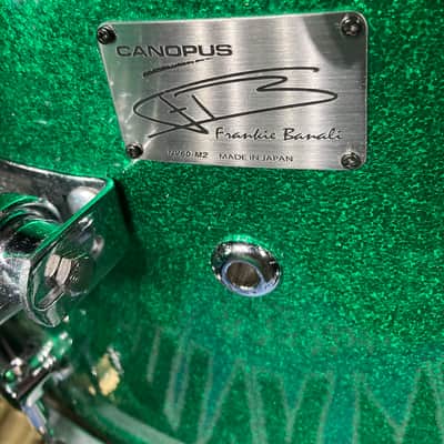 Frankie Banali's Quiet Riot, Canopus 4-Piece Set, 26", 18", 16", 14" , 6.5x14 Brass Snare. 2010 - Green Sparkle, Bonham Sizes! With Hardware and Frankie's Stick Bag! image 3