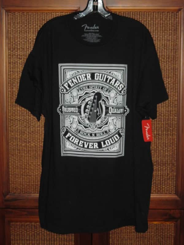 new (with Fender paper hang tag) A+ shape Fender Forever Loud Trusted Quality Black short sleeve T-Shirt, 100% Cotton, Size XXL (XX-Large), p/n: 9101310806 (NO packaging) image 1