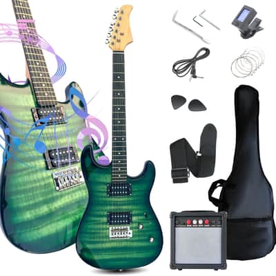 39" Full Size Electric Guitar Starter Kit with HH Pickup, 20W Portable Amp, Tuner, Gig Bag, Strap & Accessories(Green Flame) image 1