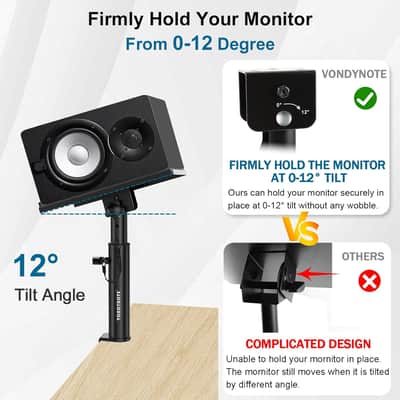 Pair of Studio Monitor Speaker Stands with 12° Tilt, Height Adjustable 10.4"-15.4", Heavy Duty Desktop Desk Clamp Mount for Monitor Speakers, Laptop, Projector & CD Player image 5