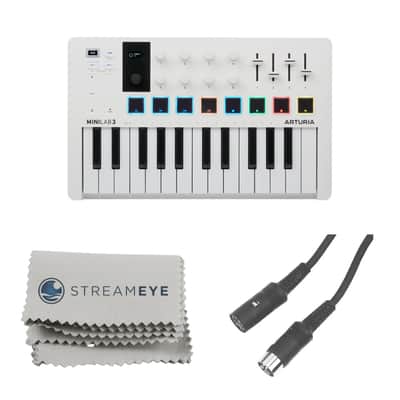 Arturia MiniLab 3 Compact MIDI Keyboard and Pad Controller (White) with MIDI Cable and a StreamEye Polishing Cloth