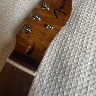 Custom Built Tiger Flame Fender Style Tele,Telecaster Guitar NECK, CUSTOM UPGRADED to simulate a 1957 Tele Neck, with a new set of Kluson style tuners, a vintage style String Tree, and a New 1957 Tele Neck Logo decal image 3