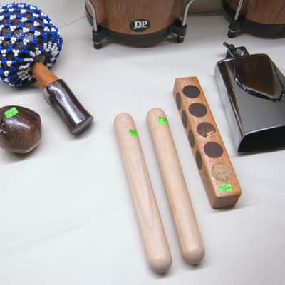 Percussion Lot DP Bongo Bongos Bongoes Shakers Tambourine Clave Cowbell image 3