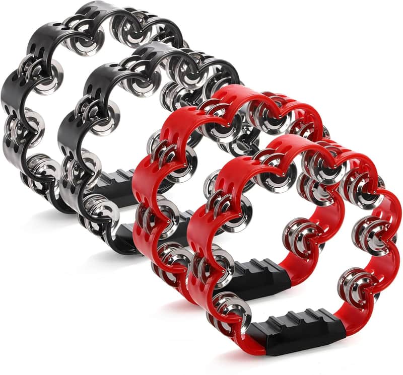 4 Pack Double Row Hand Held Percussion Tambourine, Metal Jingles Handled Tambourine Bells Music Instrument for Adult, Tambourine Lover, Christmas Gift, Red&Black image 1