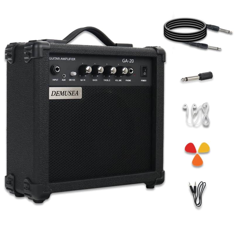 Demusea Electric Guitar Amplifier 20w Guitar Amp Starter Beginner Practice Small Portable Travel Headphone Aux Distortion Gain Treble Bass Volume Noiseless Cable Adapter Pick Aux Cable Earphone (BK) image 1