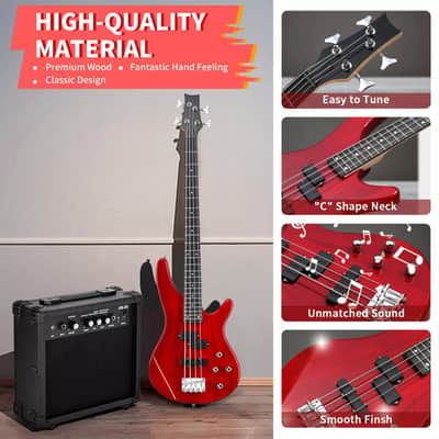Electric Bass Guitar 4-String 44-Inch for Beginners with 20W Amplifier – Transparent Dark Red image 4