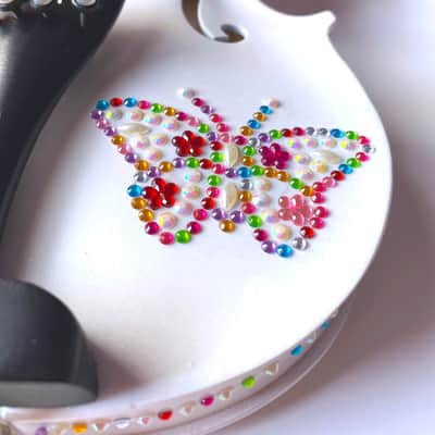 Butterfly Bling Bling Violin Outfit  4/4 w/ white carbon fiber bow, w/ hand applied artwork, crystal fine tuners, case, strings, rosin, set up, meets MENC standards image 3