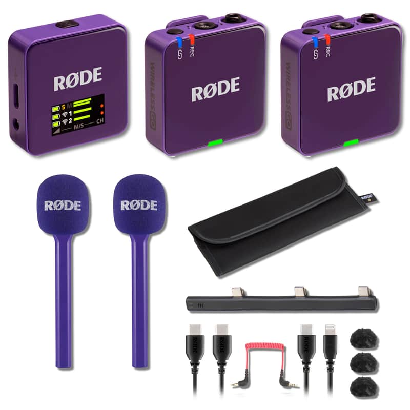 Rode Wireless GO (Gen 3) Compact Wireless Microphone System (Purple) with 2x Purple Interview GO Handheld Adapters image 1