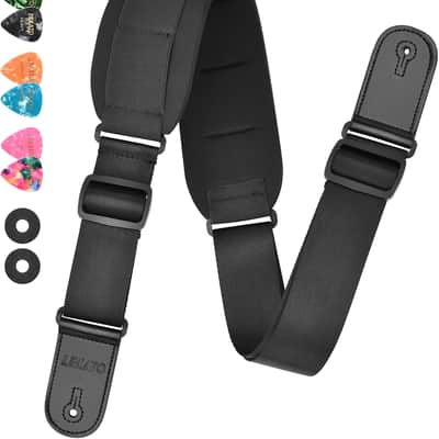 Guitar Strap, Bass Straps for Electric Guitar with 3.3" Wide Sponge Pad for Effective Decompression Padded Bass Guitar Straps Adjustable Length from 42" to 58" with 2 Safety Locks & 6 Picks image 1