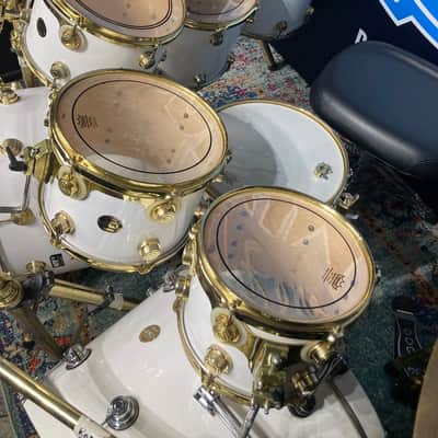 DW Zak Starkey's THE WHO, 8-Piece Tour Set with Rack and Matching Snare! 1988 - White/Gold Hardware image 13