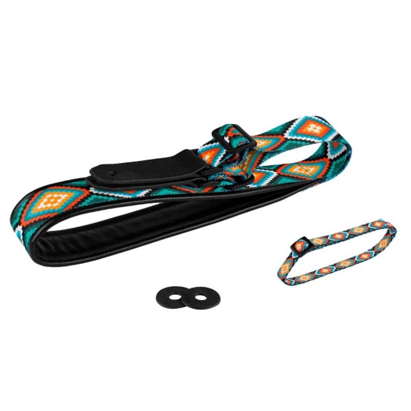 Strap for Guitar Ukrainian Nylon + Leather Ethnic Rhombus Blue Orange Colored image 1