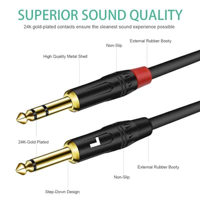 1/4 inch TRS Stereo Y Splitter Insert Cable, Gold Plated Audiowave Series 6.35mm 1/4 inch TRS Male to Dual 6.35mm 1/4 inch TS Male Mono Breakout Cable, Audio Cord (6.6FT / 1PACK) image 6
