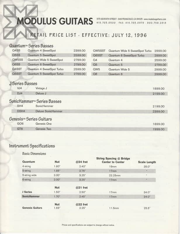 Modulus- Guitars, Retail Price List, July 12, 1996 image 1