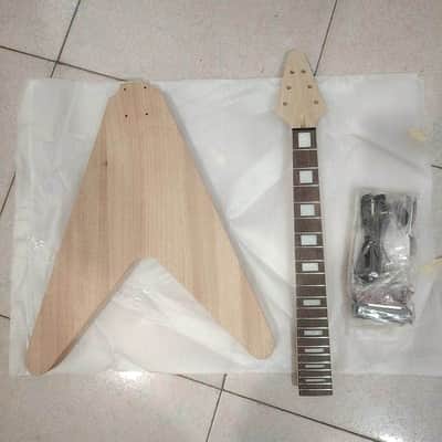 Unfinished Flying V Style Guitar Mahogany Wood Body, Rosewood Fingerboard Neck DIY Project Kit image 4
