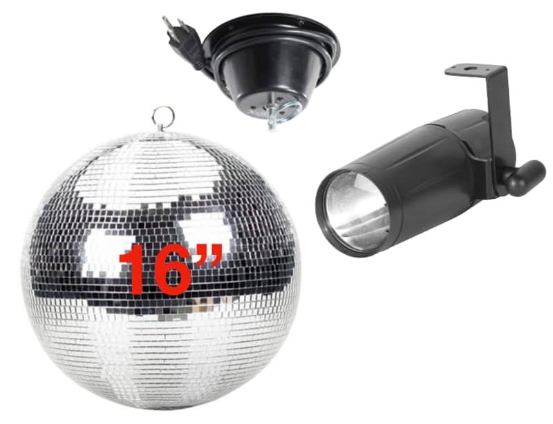 16" Mirror Ball with 1RPM Motor and LED Pinspot