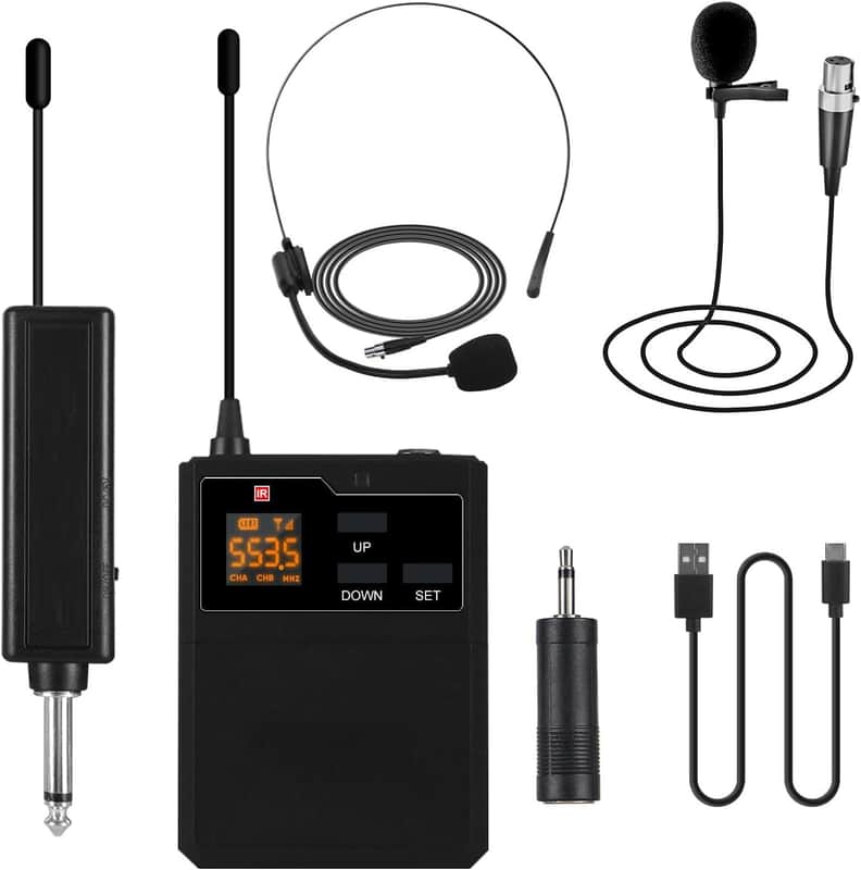 Wireless Lapel Microphone System with Headset & Lavalier Mics, UHF Bodypack Transmitters, Mini Rechargeable Receiver, 48 Channels in 500MHz, 260ft Range, Plug & Play for Wedding Speech Church image 1