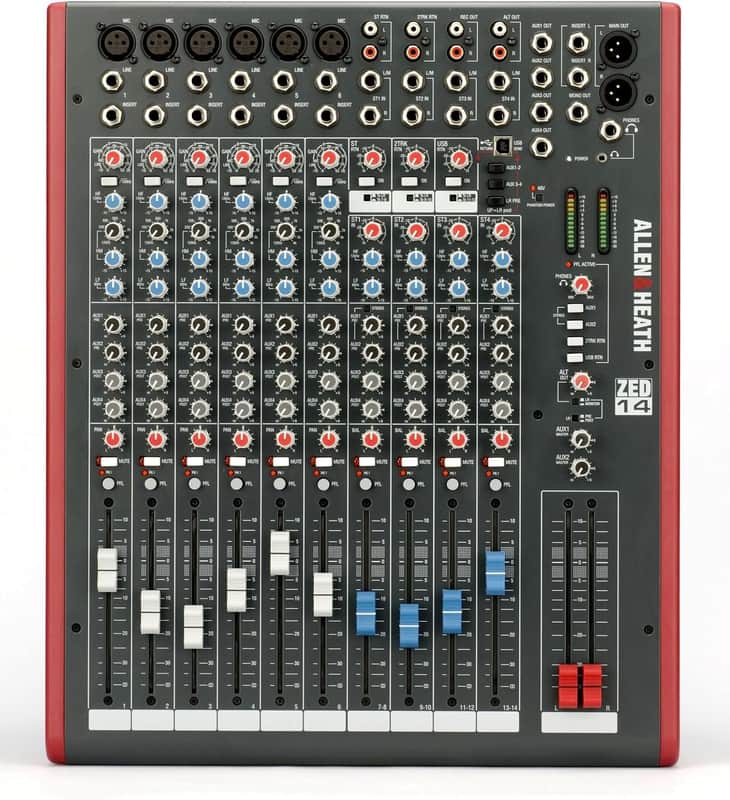 Allen & Heath ZED-14 - 14-Channel Touring Quality Mixer with USB I/O (AH-ZED-14),Grey/Red image 1