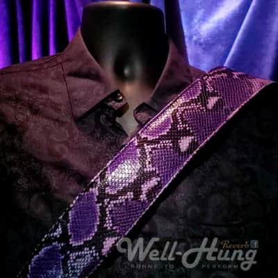 Well-Hung "Purple Python" 3" wide, padded leather strap in purple black and gray snake image 1