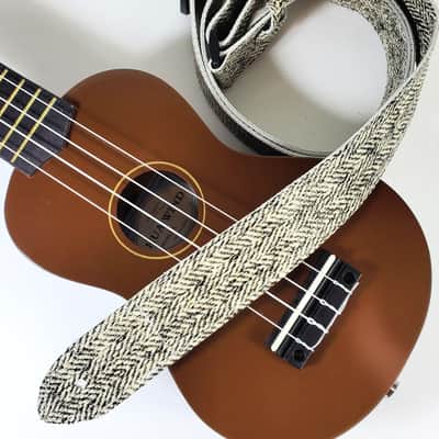 Tweed Leather Ukulele Strap - Black White Tweed Ukulele Strap -Handmade -White Leather Ukulele Strap - Button Ukulele Strap image 1