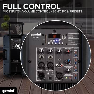 Gemini Sound GSP-L2200PK Indoor 2200 Watt Peak Bi-Amped Wired AC Powered Bluetooth DJ Speaker with 15" Inch Woofer, LED Party Lights, Built in Media Player, and Included Microphone and Speaker Stand image 2