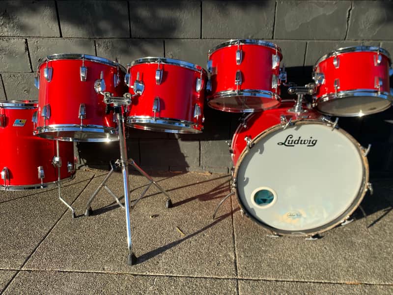 Huge Sounding Ludwig Blue & Olive Badge 6-Piece 1970’s Drum Set - Cherry Red image 1