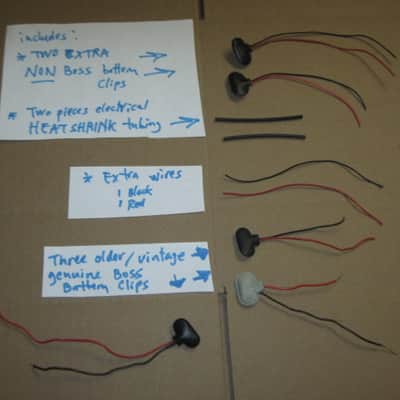 3 used genuine BOSS older battery clips (1 GRAY, early 1980s / 2 BLACK - one late from 1980s, other from 1990s) (NO pedals) - also including 2 new NON Boss battery clips, 2 extra wires, 2 pieces heat shrink tubing (AS IS / FINAL SALE- read description) image 1