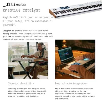 Arturia KeyLab Mk3 61 Keyboard MIDI Controller with DAW Integration and Enhanced Keybed (White) Bundle with Adjustable Z-Stand, Piano Style Sustain Pedal, Dust Cover, and 10 Feet MIDI Cable (5 Items) image 4