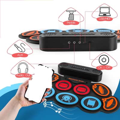 Electric Drum Set 9-Pad, Portable Roll-up Drum Pad USB MIDI, Built-in Speaker, Drum Sticks, Drum Set Foot Pedals Great Holiday Christmas Birthday Gift for Kids Adults image 3