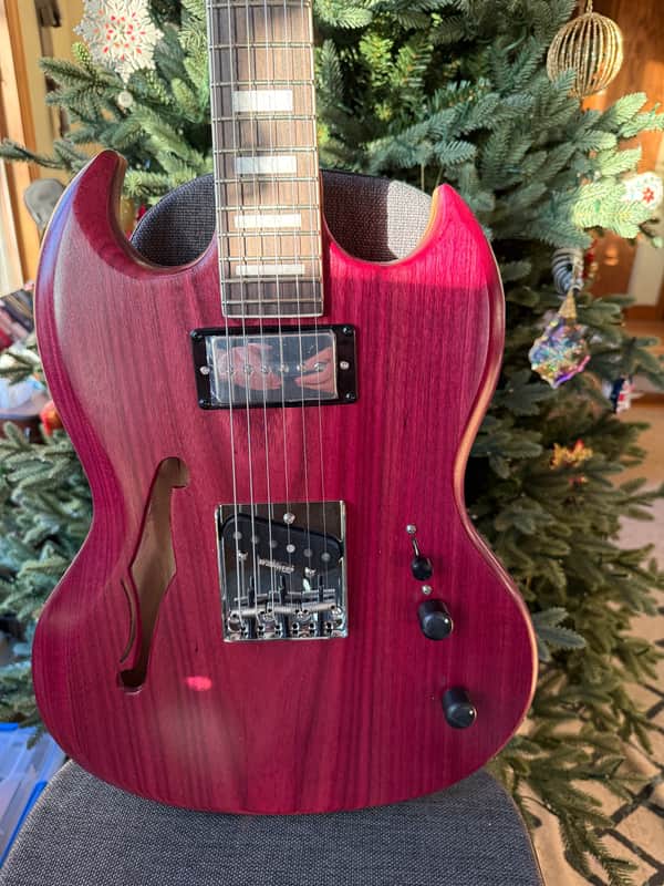 Custom Semi Hollow SG \ Telecaster style with a Purple heart wood top, Custom wound pickups - Roasted maple neck image 1