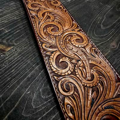 Wolf Briar Leather Company - Hand-Tooled Custom Handmade Guitar Strap - Western Paisley Motif image 2