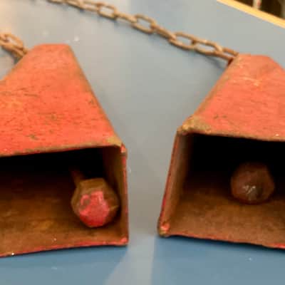 Vintage Metal Cowbells Pair w/ Heavy Link Chain - Red image 4