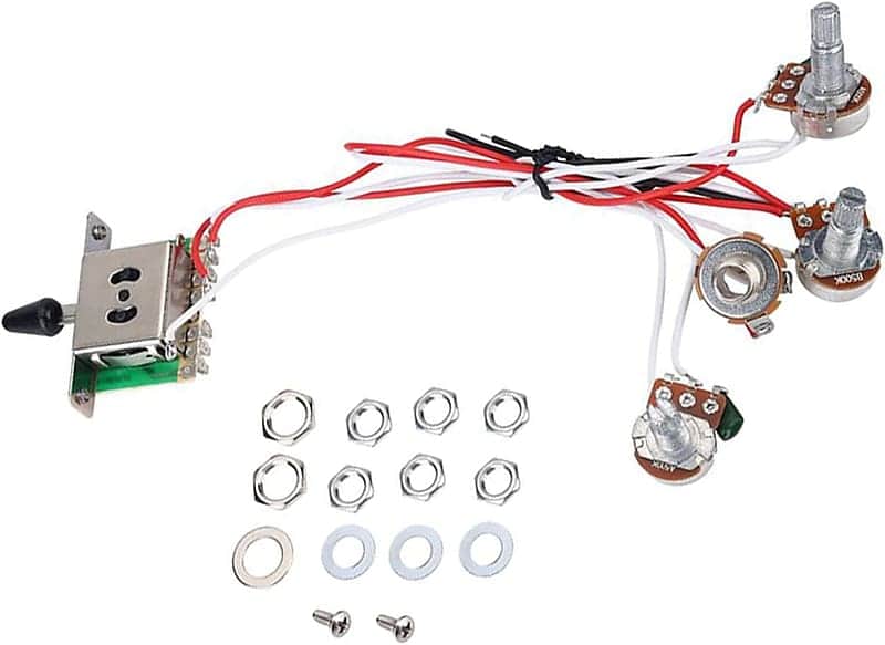 2T1V Electric Guitar 500K Pots Control Knobs 5-Way Switch with Jack Wiring Harness Kit for Strat Style Guitar Replacements, Black Cap Bild 1
