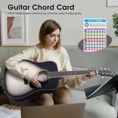Dreadnought Acoustic Guitar Kit with Free Lesson for Beginner Adult Teen Full Size Acustica Guitarra Starter Bundle Set with Bag Strap Tuner Capo Pickguard Music Stand, Right Hand(Grey, 41 Inch) image 6