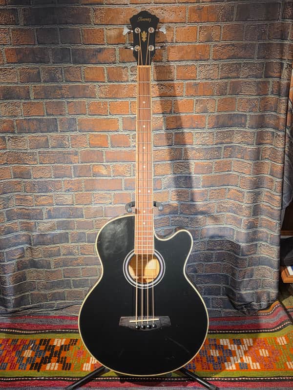 Black electric guitar with dark wood neck and chrome hardware.