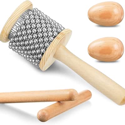 5 Pcs Wooden Hand Percussion Instrument Set Mini Wooden Cabasa with Stainless Steel Breads Musical Latin Instrument Classical Wood Percussion Claves Rhythm Sticks Egg Shakers for Adult image 1