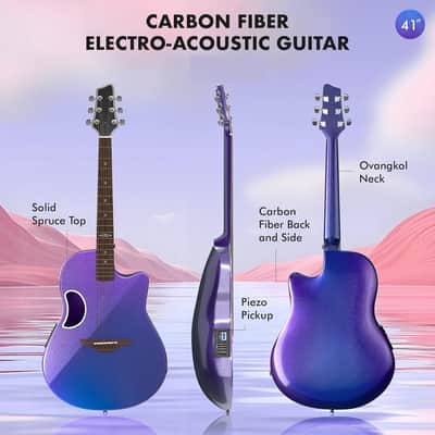 Acoustic Electric Guitar Kit - 41” Carbon Fiber Adult Beginner Set with Bag and Strap Built-In Pickup Rich Resonance & Warm Tone for Performance Ready, Pearl Blue-Purple Finish image 3