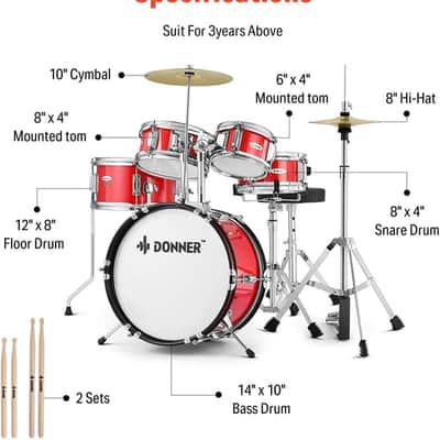 14 Inch 5 Piece Professional Acoustic Full Drum Kit Set Red image 2