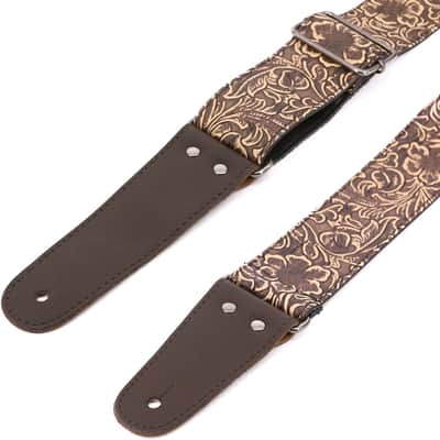 Guitar Strap, Stamped Leather Guitar Strap PU Leather Western Vintage 60's Retro Guitar Strap with Genuine Leather Ends for Electric Bass Guitar, with Tie,Include 2 Picks,Bronze image 4