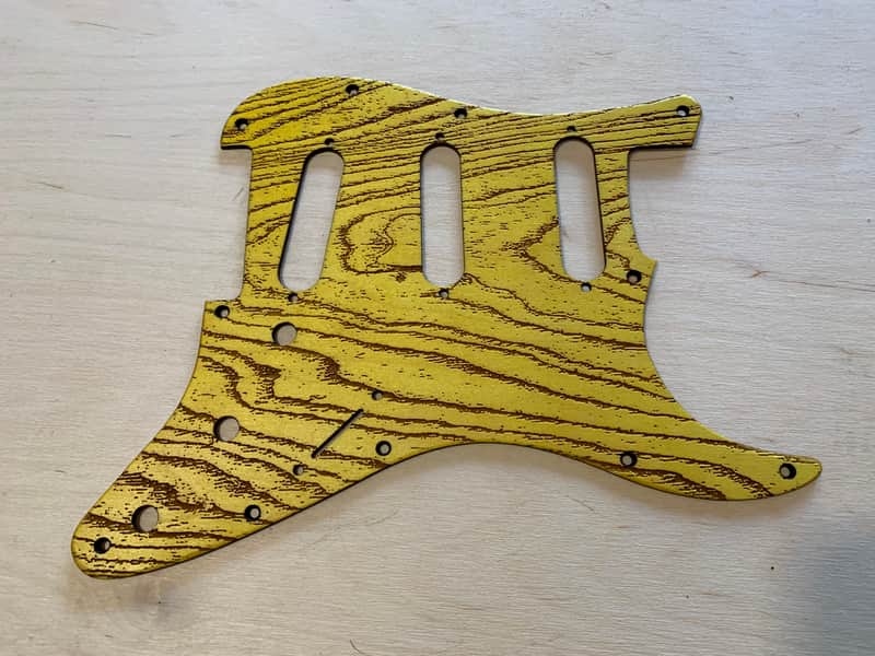 US made satin yellow swamp ash grain laser engraved Baltic birch wood pickguard for Stratocaster image 1
